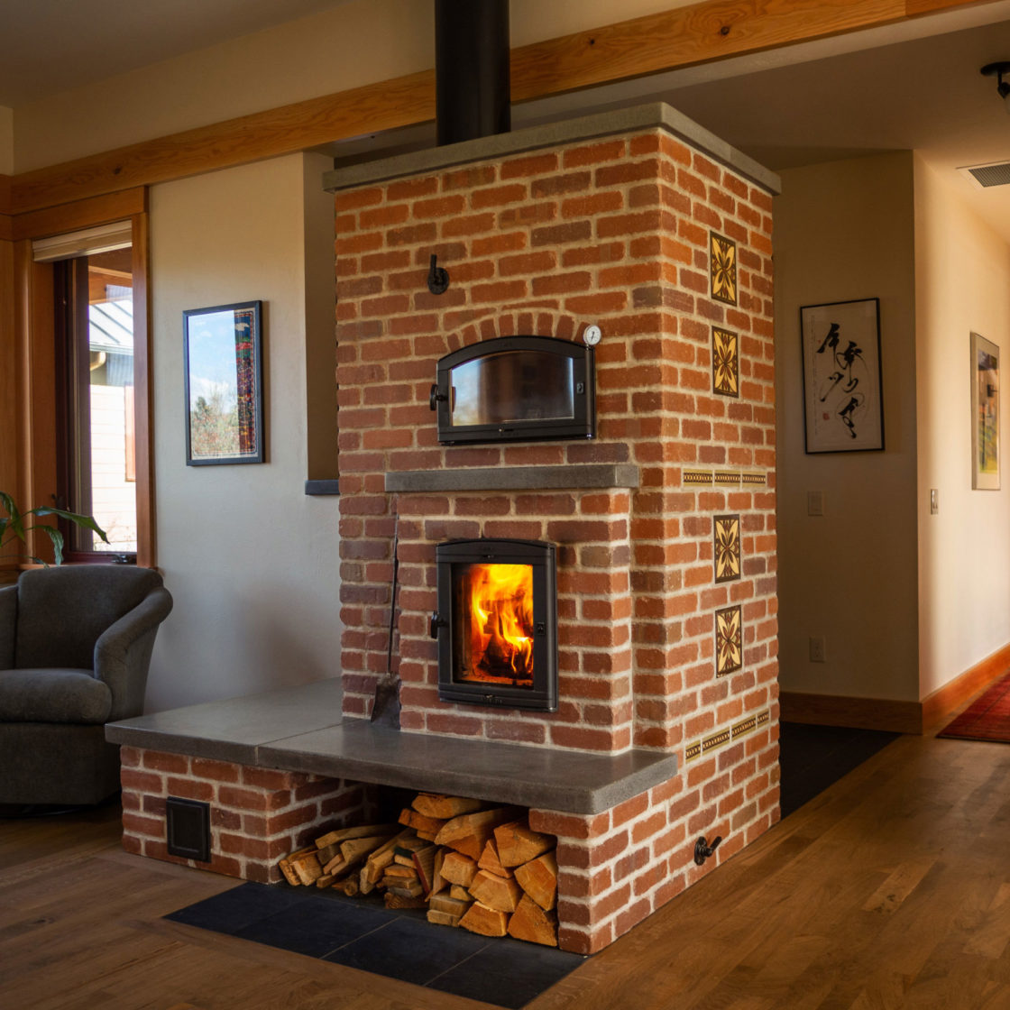 Brick masonry heater built in home living room